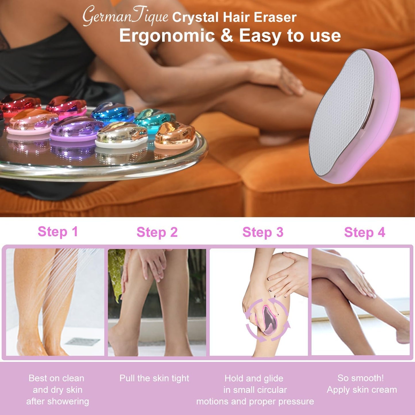 Crystal Hair Eraser,Natural Crystal Hair Remover,Reusable Painless Nano Glass Hair Removal Device Without Shaver,Gentle Crystal Epilator and Exfoliator for Soft Silky Skin(Light Pink)